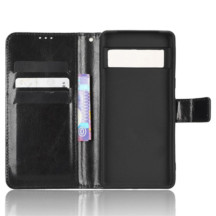 Anti-fall Phone Case For Google Pixel 7 Pro 5G, PU Leather Crazy Horse Texture Magnetic Clasp Full Protection Phone Wallet Cover with Stand - Black