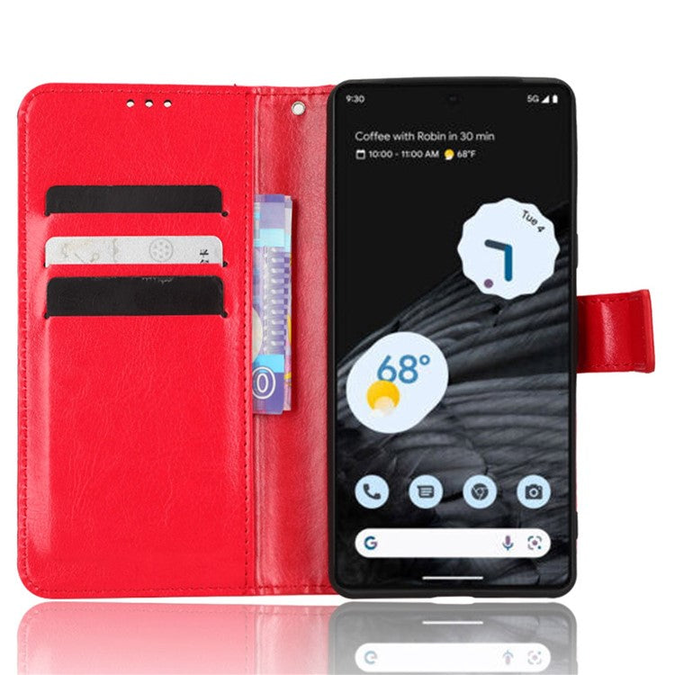 Anti-fall Phone Case For Google Pixel 7 Pro 5G, PU Leather Crazy Horse Texture Magnetic Clasp Full Protection Phone Wallet Cover with Stand - Red