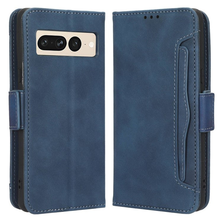 Anti-drop Cell Phone Cover For Google Pixel 7 Pro 5G, Multiple Card Slots PU Leather Wallet Case Dual Magnetic Clasp Phone Shell with Stand - Blue