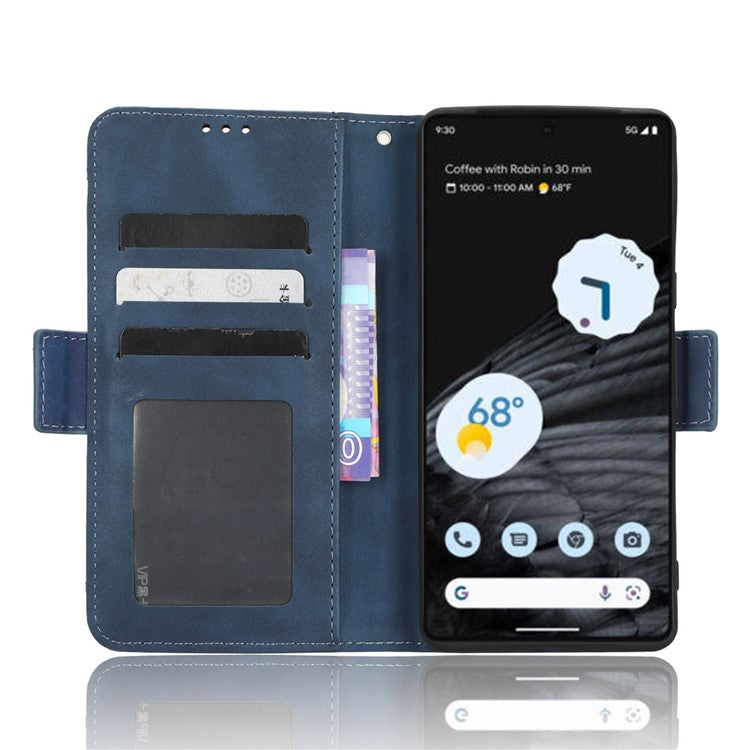 Anti-drop Cell Phone Cover For Google Pixel 7 Pro 5G, Multiple Card Slots PU Leather Wallet Case Dual Magnetic Clasp Phone Shell with Stand - Blue