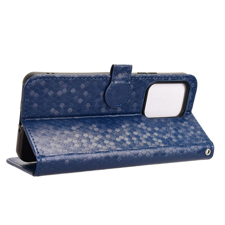 For Oppo Reno13 F 5G Wallet Case Dot Pattern Imprint PU Leather Phone Cover - Dark Blue