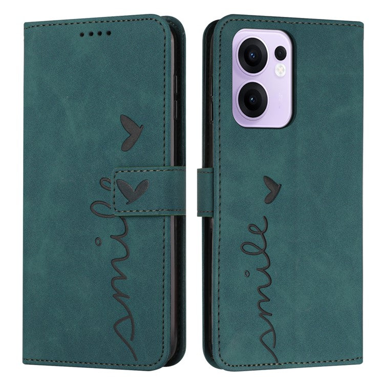 For Oppo Reno13 F 5G Case Viewing Stand PU Leather Phone Cover Imprinted Heart Pattern - Green