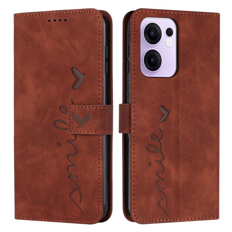 For Oppo Reno13 F 5G Case Viewing Stand PU Leather Phone Cover Imprinted Heart Pattern - Brown