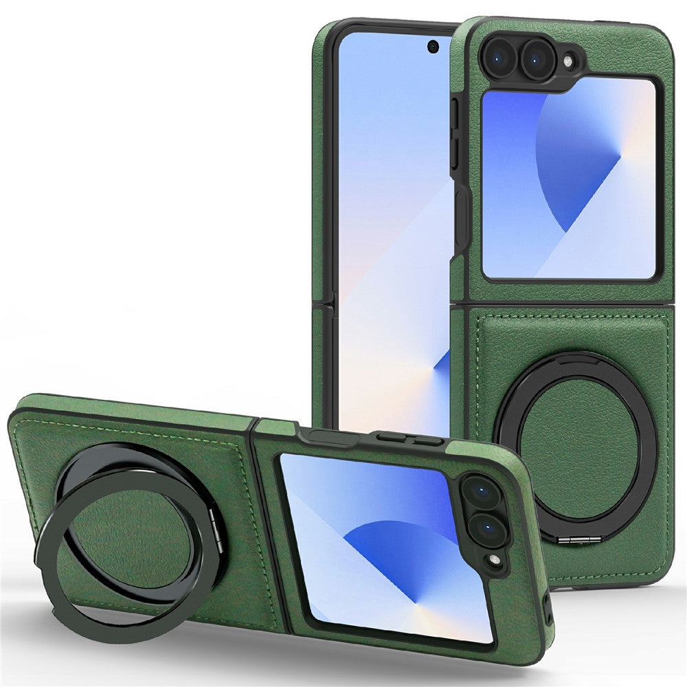 For Samsung Galaxy Z Flip7 FE 5G / Z Flip6 5G Case with Ring Kickstand Compatible with MagSafe PU Leather Back Cover - Green