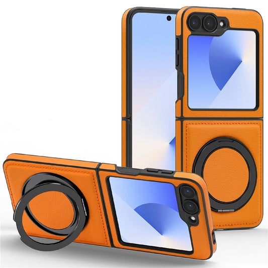 For Samsung Galaxy Z Flip7 FE 5G / Z Flip6 5G Case with Ring Kickstand Compatible with MagSafe PU Leather Back Cover - Orange
