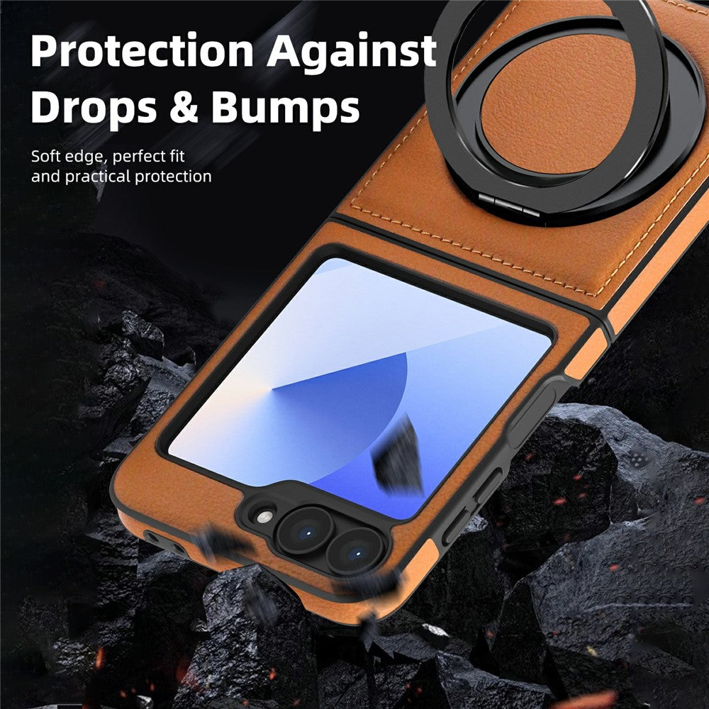 For Samsung Galaxy Z Flip7 FE 5G / Z Flip6 5G Case with Ring Kickstand Compatible with MagSafe PU Leather Back Cover - Desert Gold