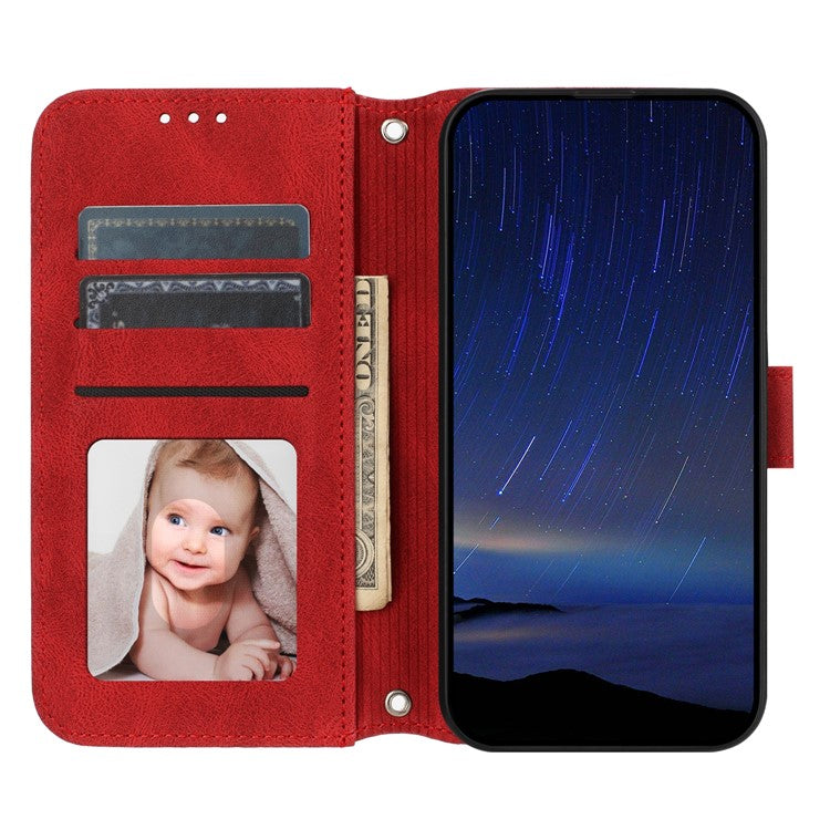 For iPhone 16e Case Wallet Skin-Touch Leather Imprinted Phone Cover - Red