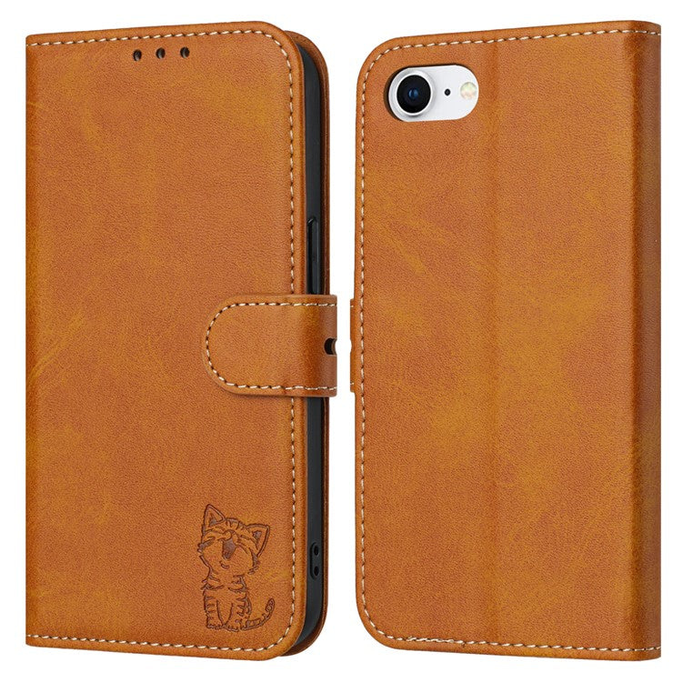 For iPhone 16e Case Happy Cat Pattern Imprinted Leather Wallet Phone Cover - Yellow