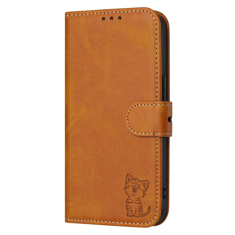 For iPhone 16e Case Happy Cat Pattern Imprinted Leather Wallet Phone Cover - Yellow