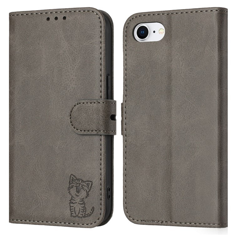 For iPhone 16e Case Happy Cat Pattern Imprinted Leather Wallet Phone Cover - Grey