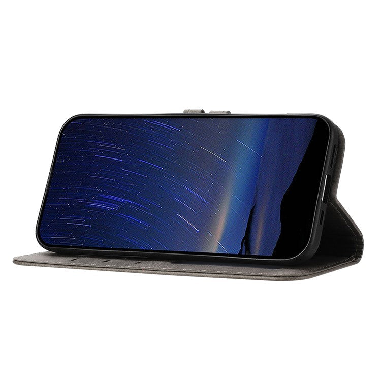 For iPhone 16e Case Happy Cat Pattern Imprinted Leather Wallet Phone Cover - Grey