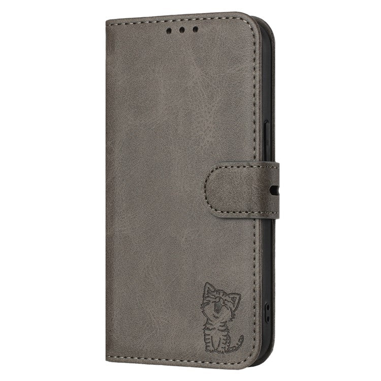 For iPhone 16e Case Happy Cat Pattern Imprinted Leather Wallet Phone Cover - Grey