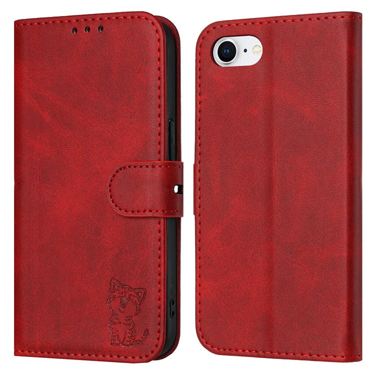 For iPhone 16e Case Happy Cat Pattern Imprinted Leather Wallet Phone Cover - Red