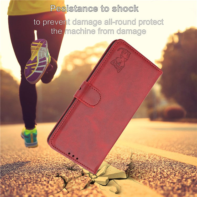 For iPhone 16e Case Happy Cat Pattern Imprinted Leather Wallet Phone Cover - Red