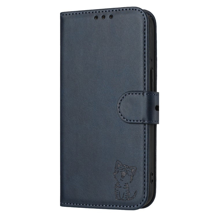For iPhone 16e Case Happy Cat Pattern Imprinted Leather Wallet Phone Cover - Blue