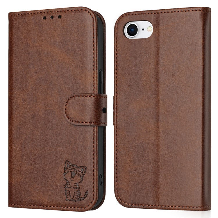 For iPhone 16e Case Happy Cat Pattern Imprinted Leather Wallet Phone Cover - Brown