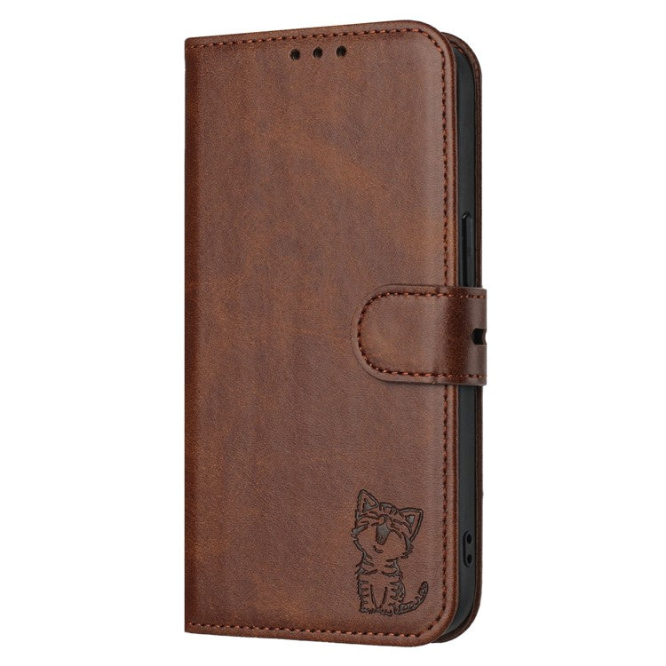 For iPhone 16e Case Happy Cat Pattern Imprinted Leather Wallet Phone Cover - Brown