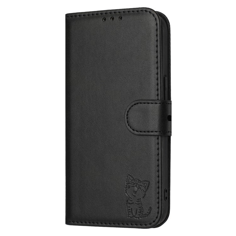 For iPhone 16e Case Happy Cat Pattern Imprinted Leather Wallet Phone Cover - Black