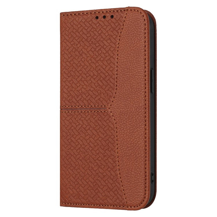 For iPhone 16e Case Woven Texture PU Leather Wallet Phone Cover - Brown