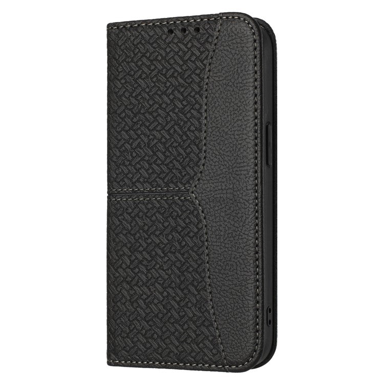For iPhone 16e Case Woven Texture PU Leather Wallet Phone Cover - Black