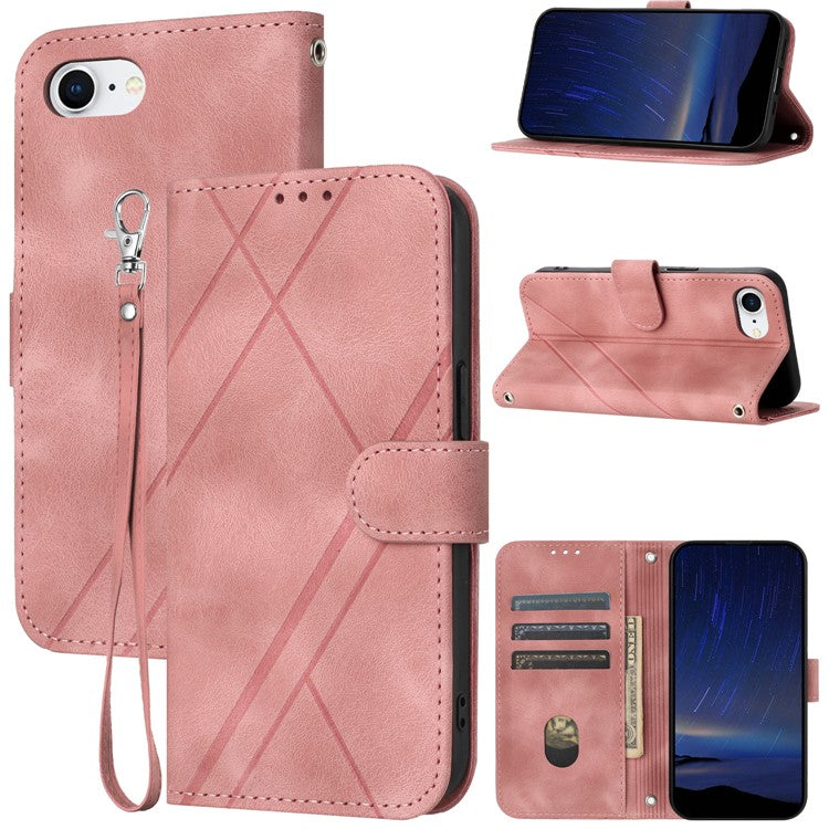 For iPhone 16e Case Imprinted Line Leather Phone Cover with Handy Strap - Pink