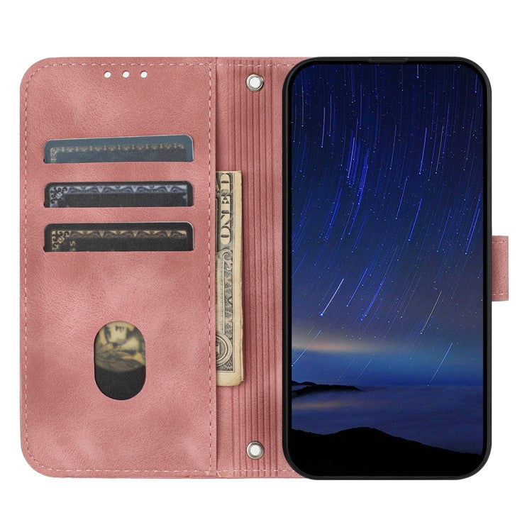 For iPhone 16e Case Imprinted Line Leather Phone Cover with Handy Strap - Pink