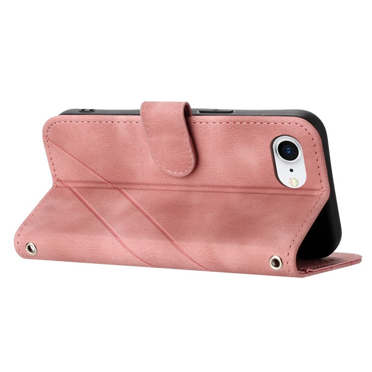 For iPhone 16e Case Imprinted Line Leather Phone Cover with Handy Strap - Pink