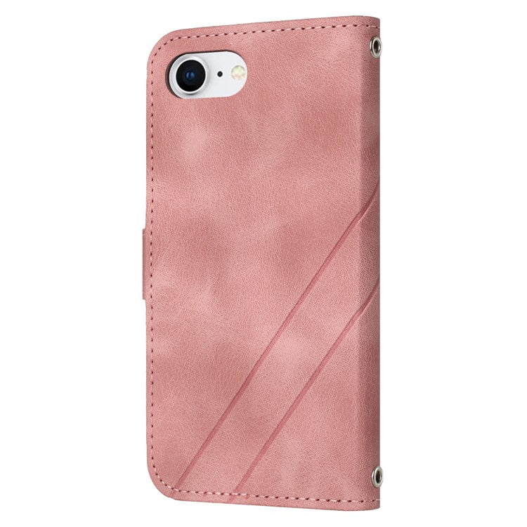 For iPhone 16e Case Imprinted Line Leather Phone Cover with Handy Strap - Pink