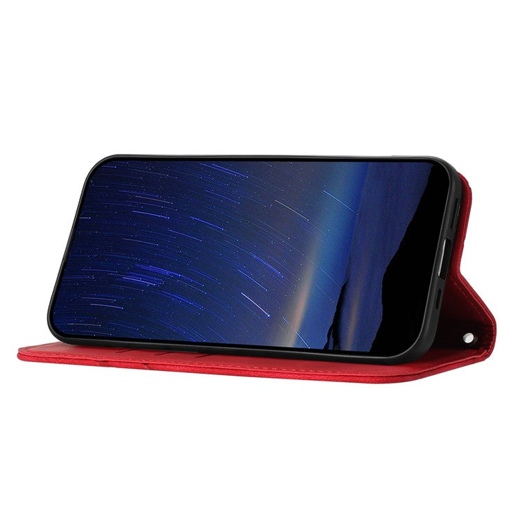 For iPhone 16e Case Imprinted Line Leather Phone Cover with Handy Strap - Red