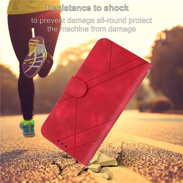 For iPhone 16e Case Imprinted Line Leather Phone Cover with Handy Strap - Red