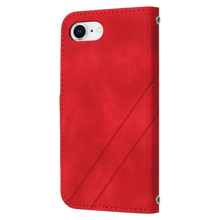 For iPhone 16e Case Imprinted Line Leather Phone Cover with Handy Strap - Red