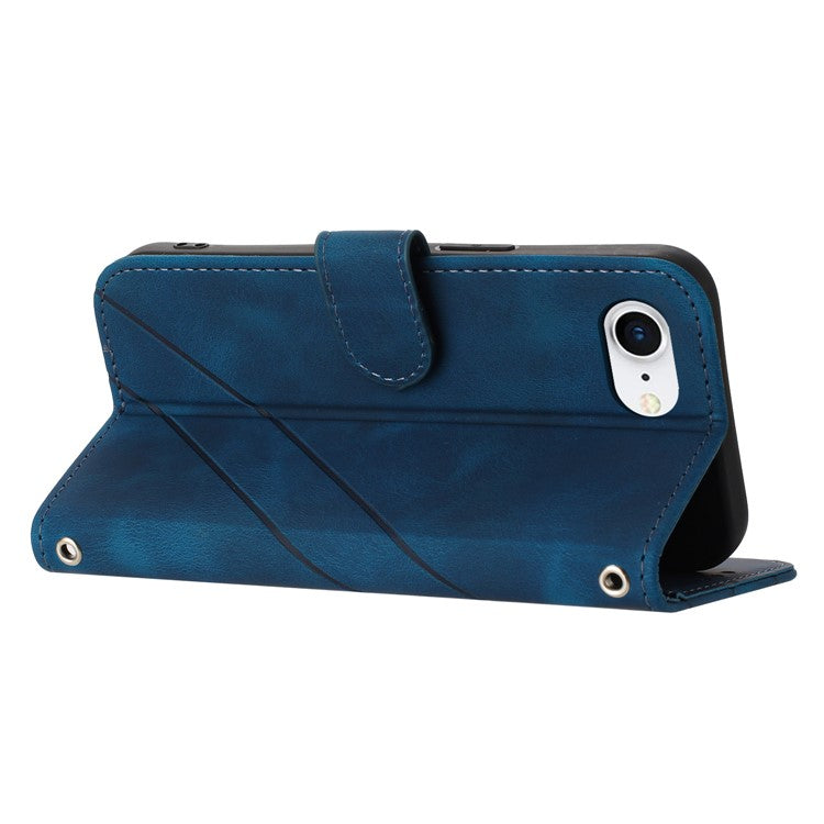 For iPhone 16e Case Imprinted Line Leather Phone Cover with Handy Strap - Blue