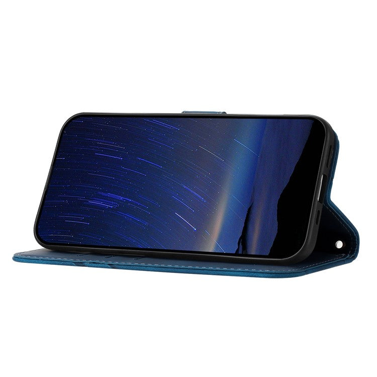 For iPhone 16e Case Imprinted Line Leather Phone Cover with Handy Strap - Blue