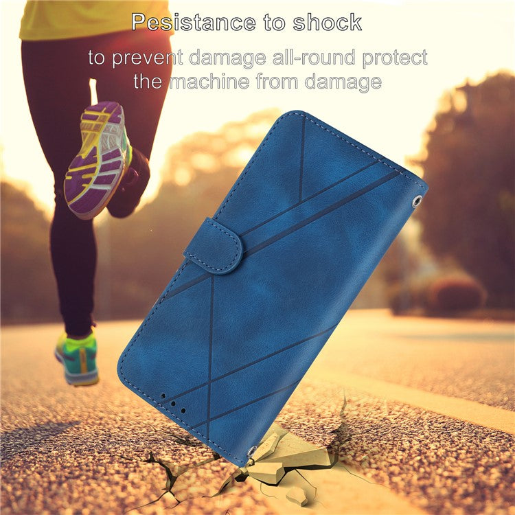 For iPhone 16e Case Imprinted Line Leather Phone Cover with Handy Strap - Blue