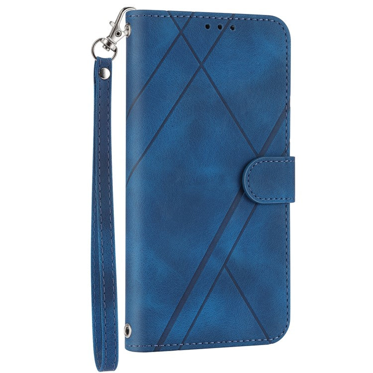 For iPhone 16e Case Imprinted Line Leather Phone Cover with Handy Strap - Blue
