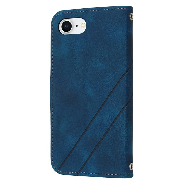 For iPhone 16e Case Imprinted Line Leather Phone Cover with Handy Strap - Blue