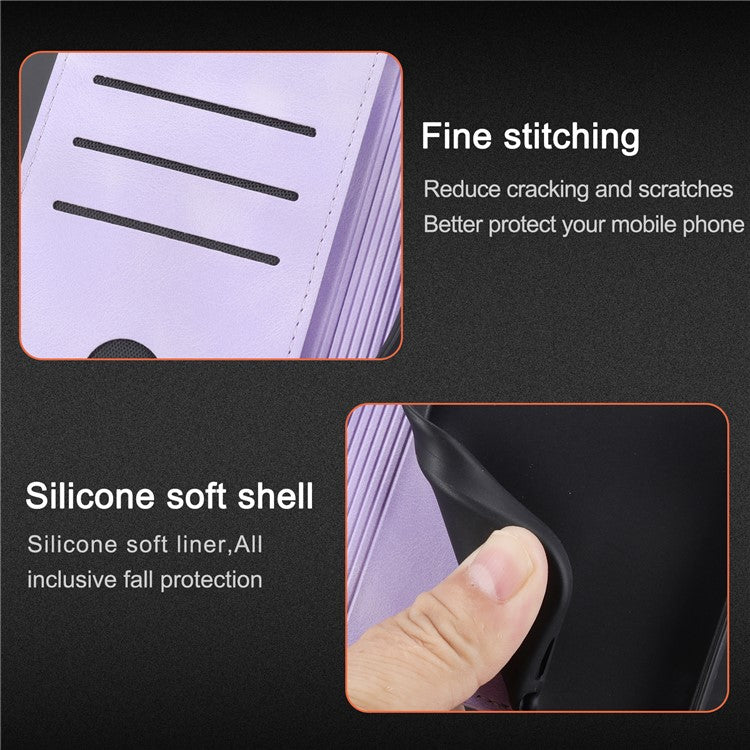 For iPhone 16e Case Imprinted Line Leather Phone Cover with Handy Strap - Purple