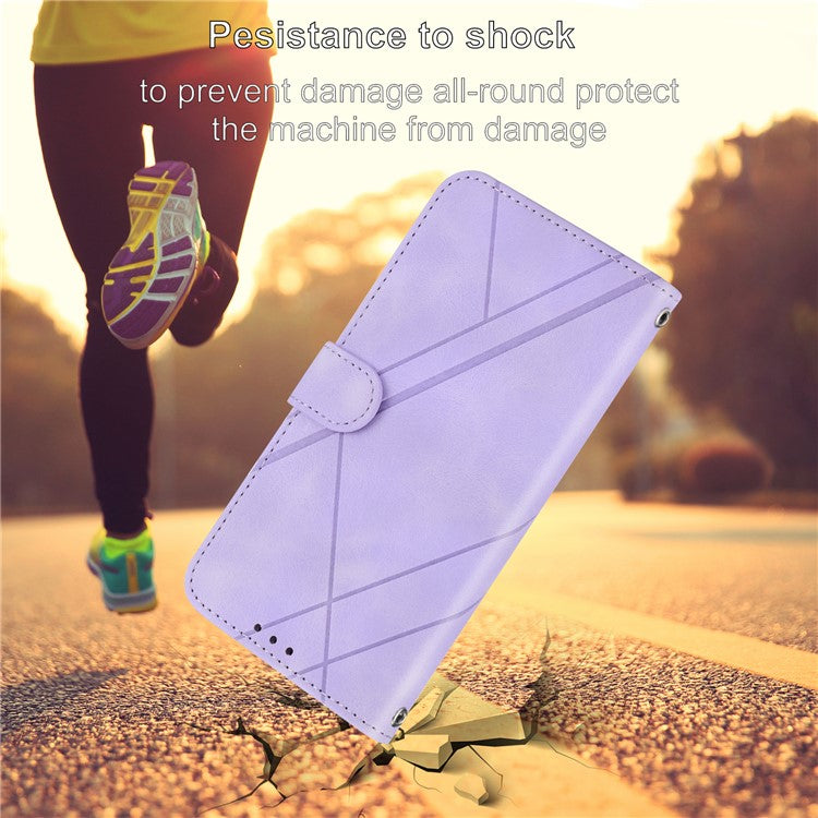 For iPhone 16e Case Imprinted Line Leather Phone Cover with Handy Strap - Purple