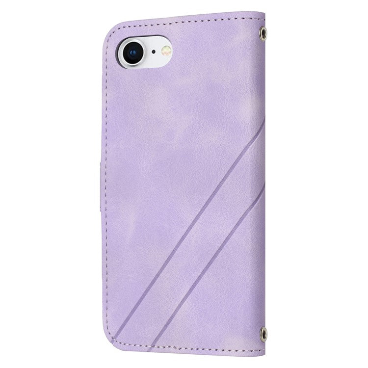 For iPhone 16e Case Imprinted Line Leather Phone Cover with Handy Strap - Purple