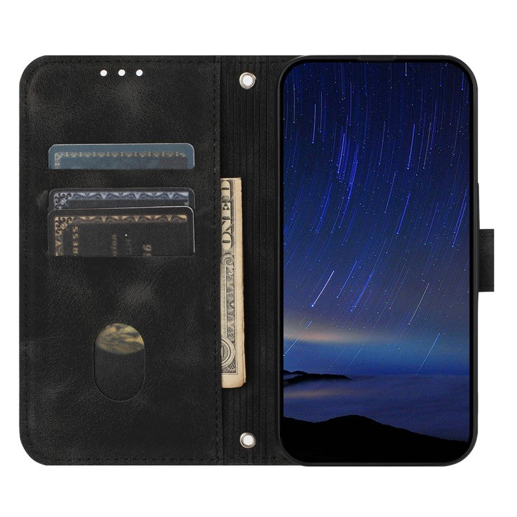 For iPhone 16e Case Imprinted Line Leather Phone Cover with Handy Strap - Black