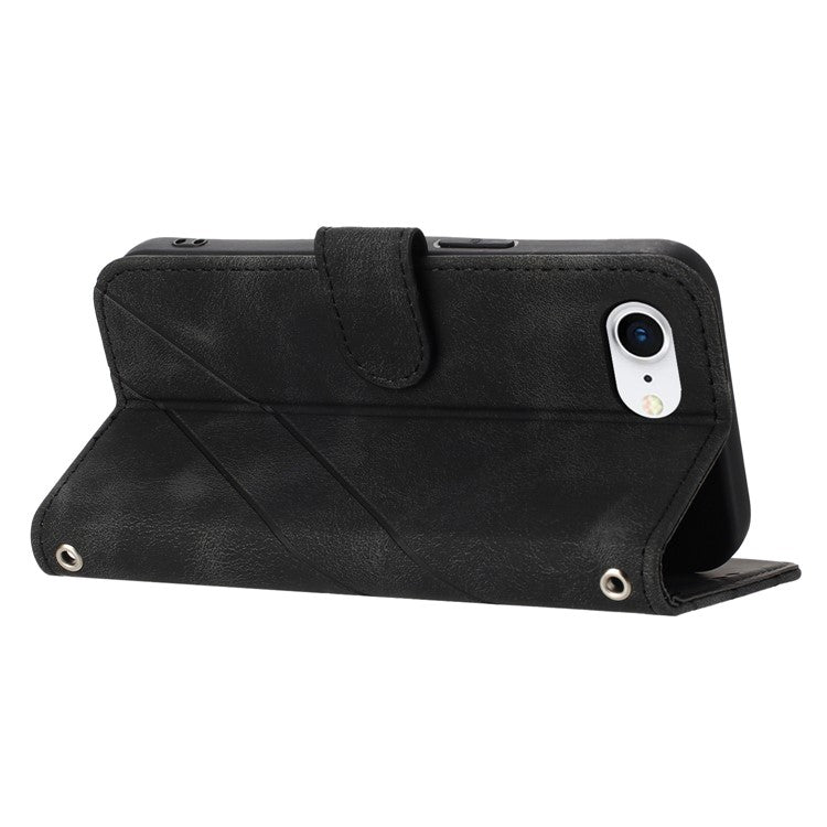 For iPhone 16e Case Imprinted Line Leather Phone Cover with Handy Strap - Black