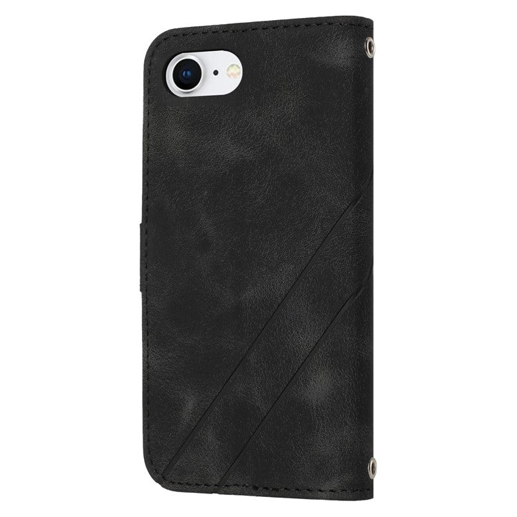 For iPhone 16e Case Imprinted Line Leather Phone Cover with Handy Strap - Black