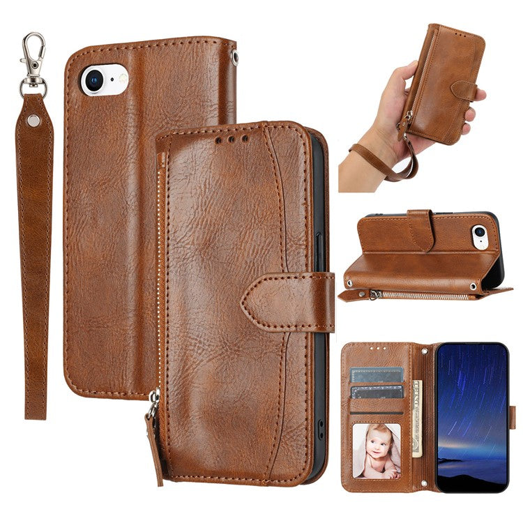 For iPhone 16e Case Zipper Pocket Leather Phone Cover with Crossbody Shoulder Strap - Brown