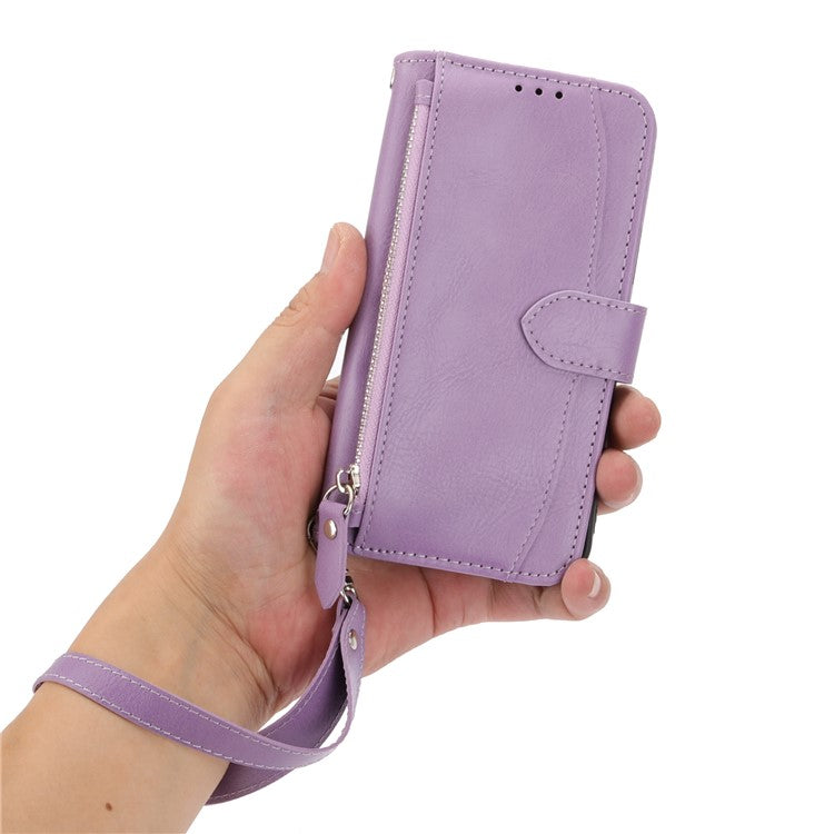 For iPhone 16e Case Zipper Pocket Leather Phone Cover with Crossbody Shoulder Strap - Purple