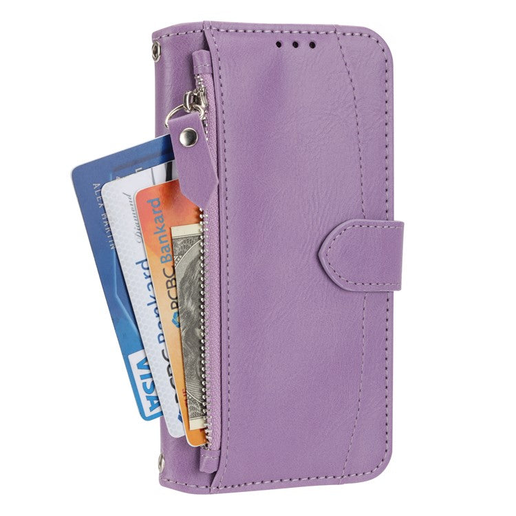For iPhone 16e Case Zipper Pocket Leather Phone Cover with Crossbody Shoulder Strap - Purple