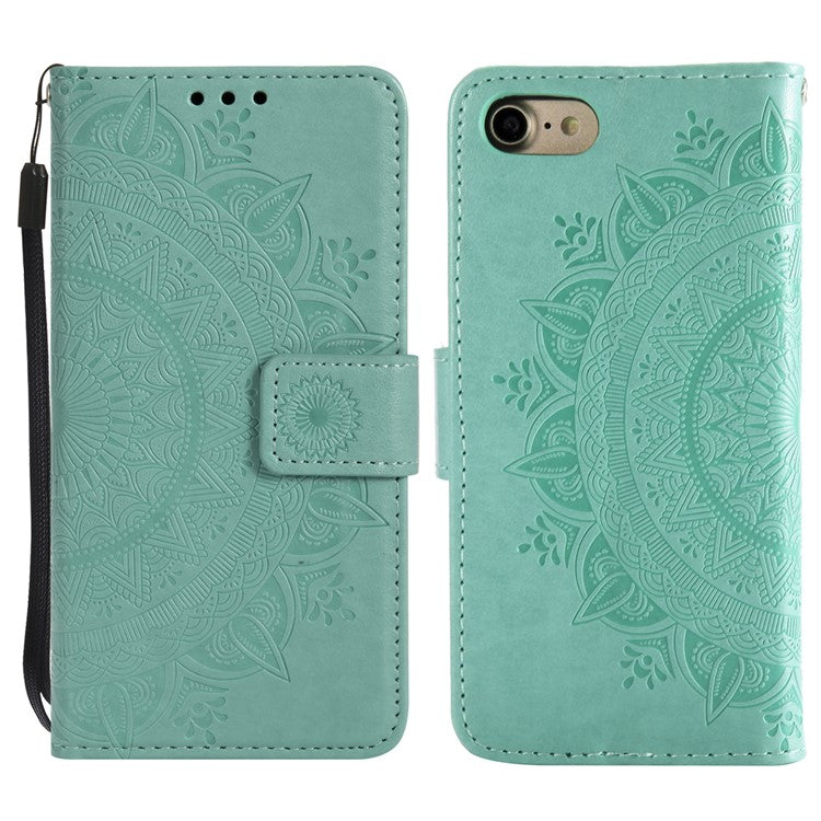 For iPhone 16e Stand Case Imprinted Totem PU Leather Wallet Phone Cover - Mint Green