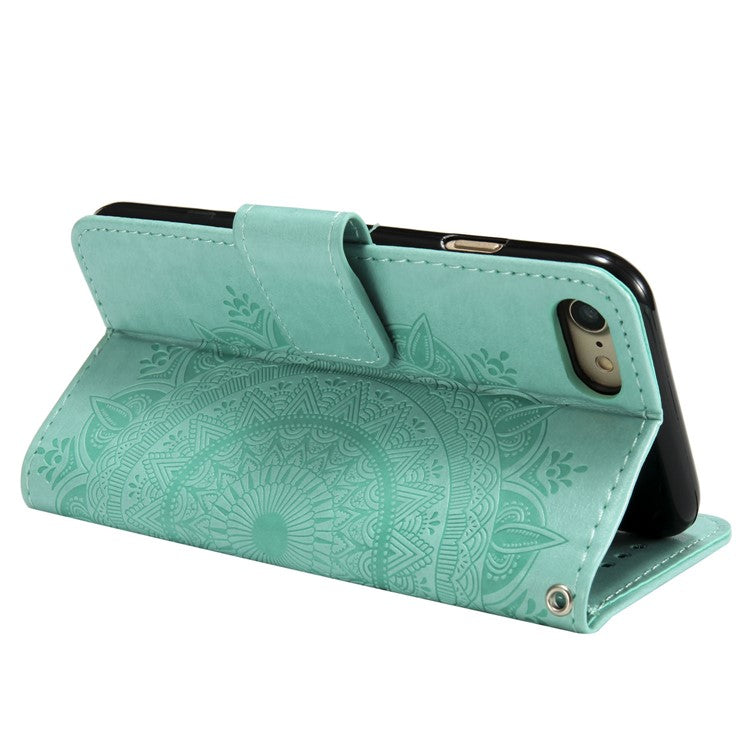 For iPhone 16e Stand Case Imprinted Totem PU Leather Wallet Phone Cover - Mint Green