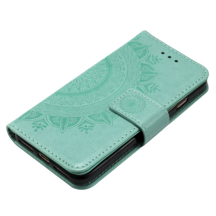 For iPhone 16e Stand Case Imprinted Totem PU Leather Wallet Phone Cover - Mint Green