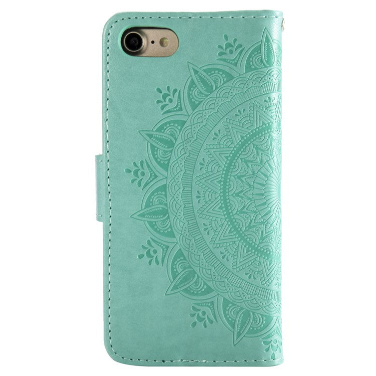 For iPhone 16e Stand Case Imprinted Totem PU Leather Wallet Phone Cover - Mint Green