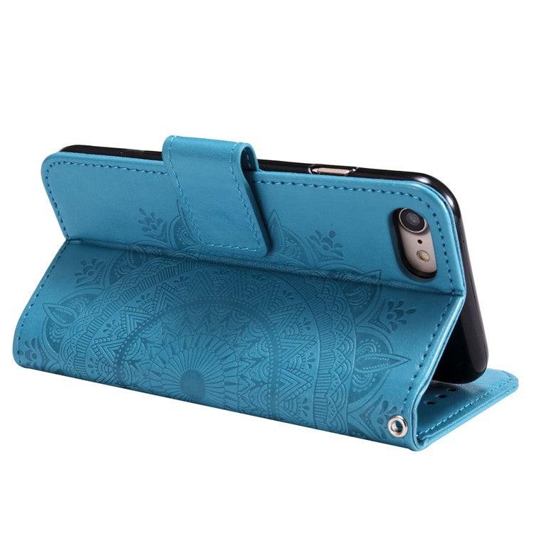 For iPhone 16e Stand Case Imprinted Totem PU Leather Wallet Phone Cover - Blue